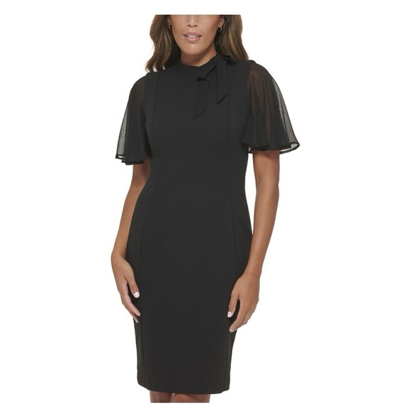 Calvin Klein Black Bow Neck Chiffon Sleeve Stretch Crepe Sheath Dress Size 12 - Picture 2 of 12